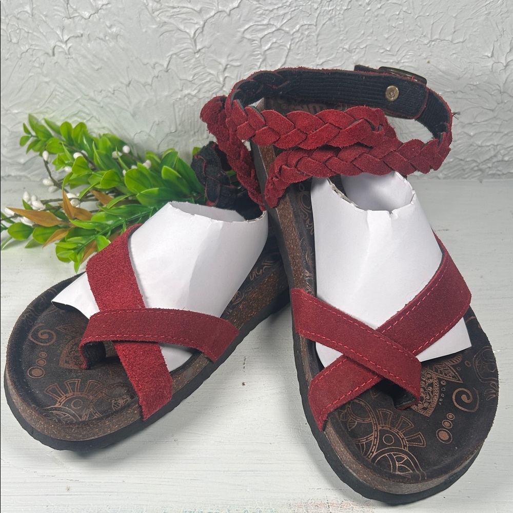 Muk Luk Ankle Wrap Toe Sandal Red Brown Cork Rubber Sole Muk Luks - Picture 2 of 10